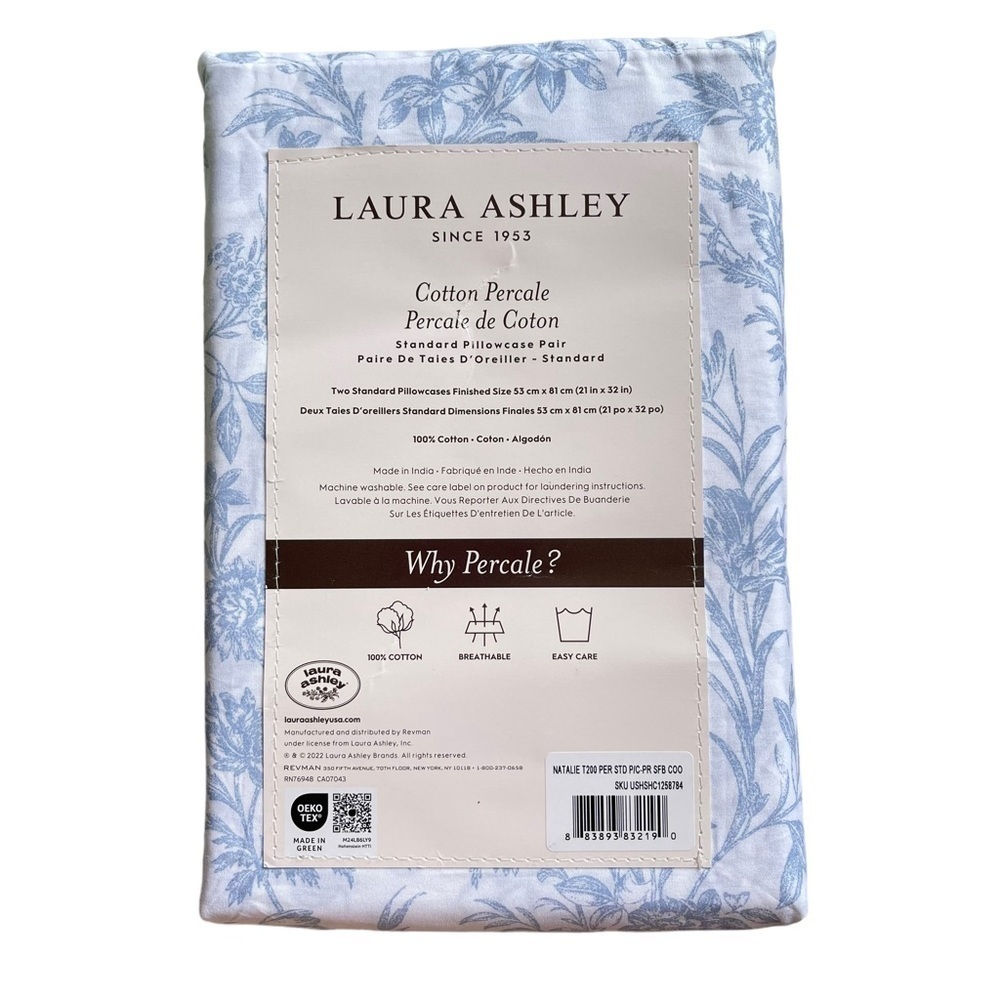 Laura Ashley Blue Floral Natalie cotton Percale 2 Standard pillowcases NWT - Picture 4 of 8